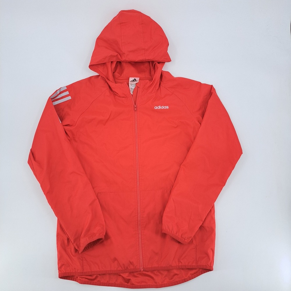 Adidas Hooded Windbreaker Jacket Mens S Red Polyester Solid Mesh Lined Zip Up